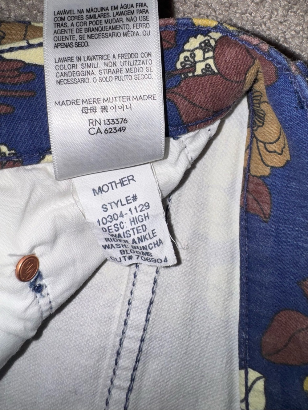 MOTHER Blue Floral Straight-Leg Jeans with Yellow & Brown Accents - Picture 6 of 7